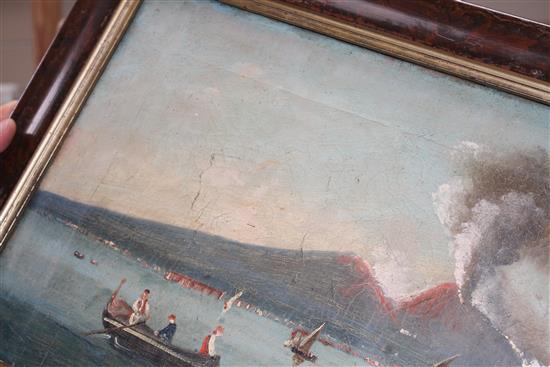 19th century Italian School, oil on canvas, View of the Bay of Naples with Vesuvius erupting, 29 x 50cm